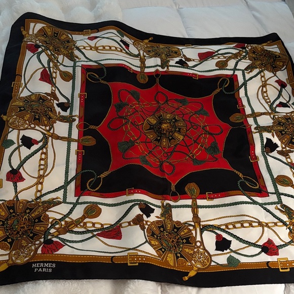 Hermès Silk Scarf with Red, Gold, and Black Design .  Hand rolled edges- - Picture 2 of 6